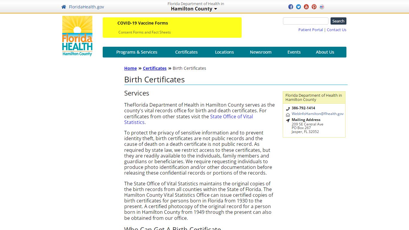 Birth Certificates | Florida Department of Health in Hamilton